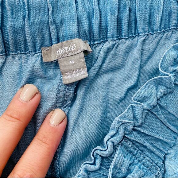 AEO AERIE Blue Soft Denim Elastic Waist Tie Pockets Lyocell Mini Roll Shorts M - Picture 2 of 8